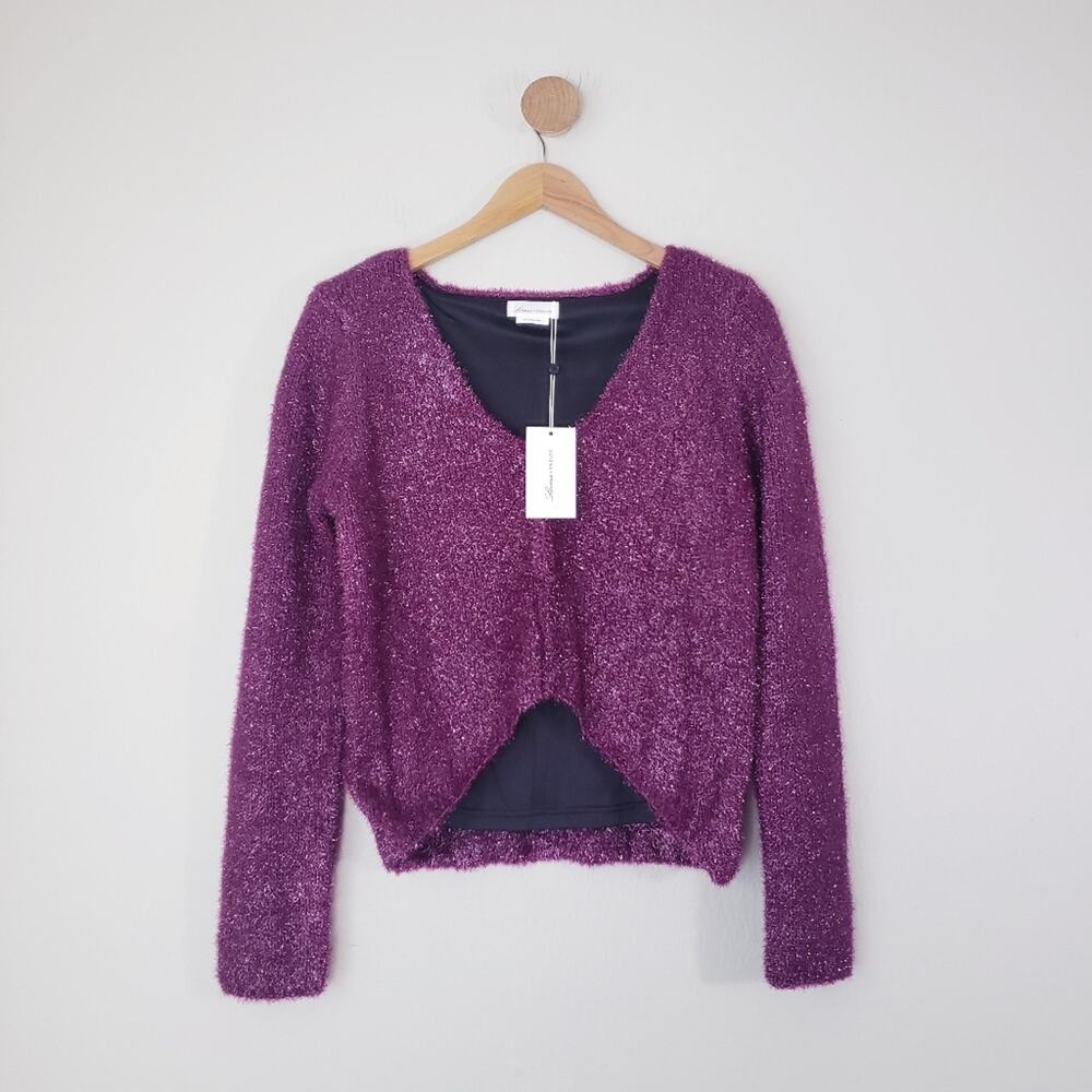 Lovers + Friends Gerona Fuzzy Eyelash Glitter V-Neck Sweater Magenta XS NWT